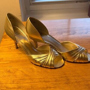 Stuart Weitzman Gold Peep-Toe Heels